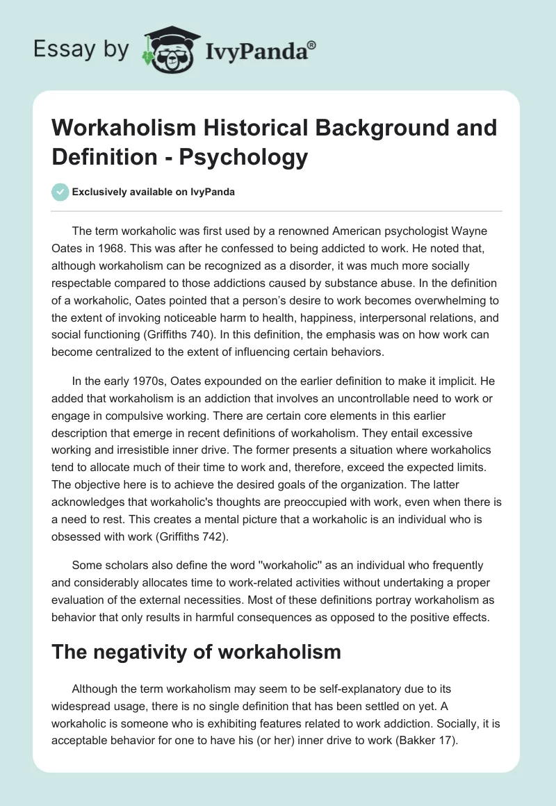 Workaholism Historical Background and Definition - Psychology. Page 1