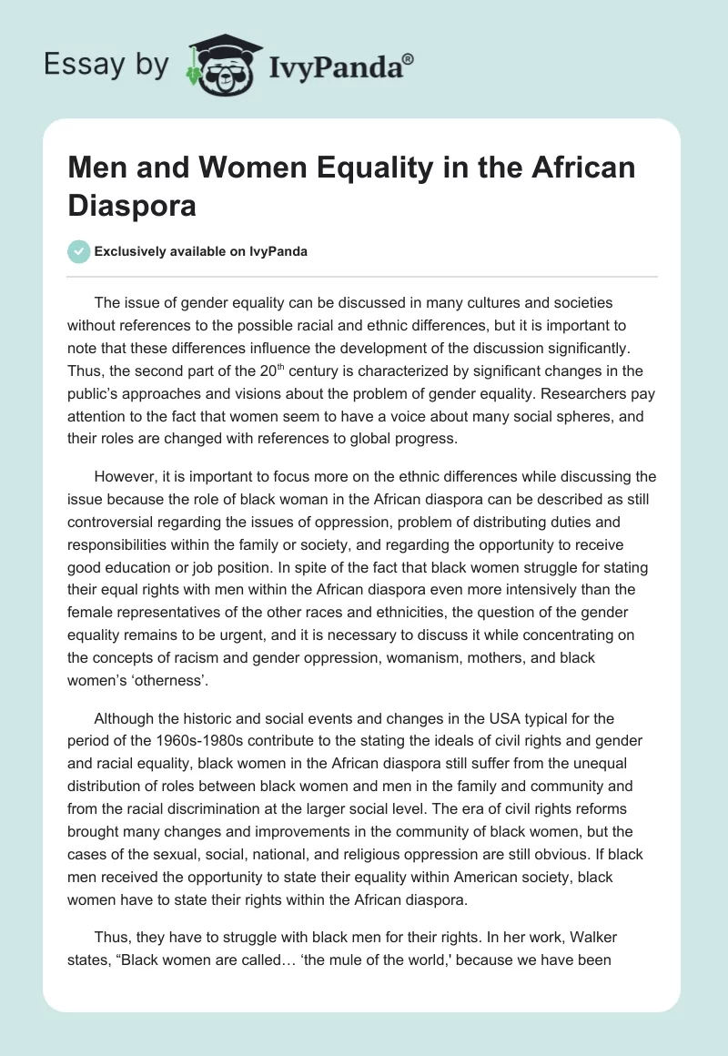 Men and Women Equality in the African Diaspora. Page 1