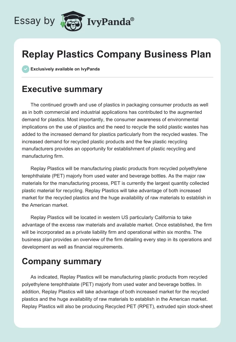 Replay Plastics Company Business Plan. Page 1