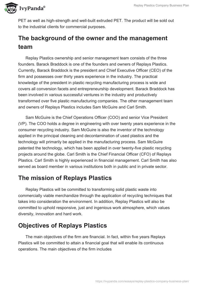 Replay Plastics Company Business Plan. Page 2