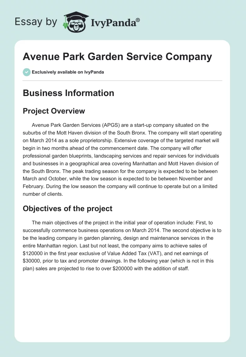 Avenue Park Garden Service Company. Page 1