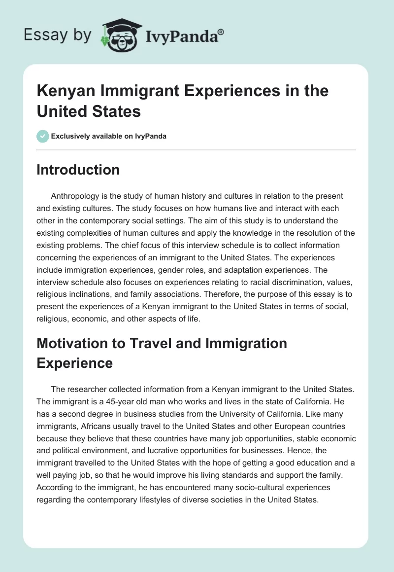 Kenyan Immigrant Experiences in the United States. Page 1