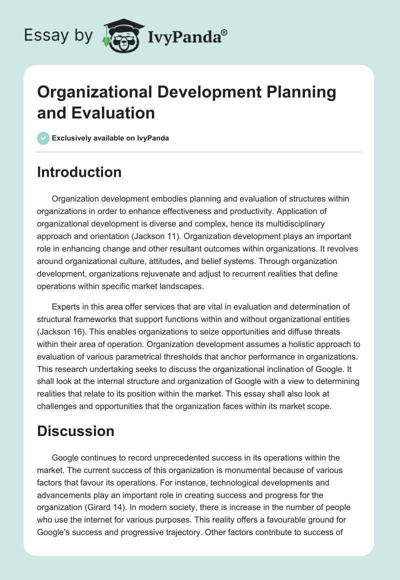 Organizational Development Planning and Evaluation. Page 1