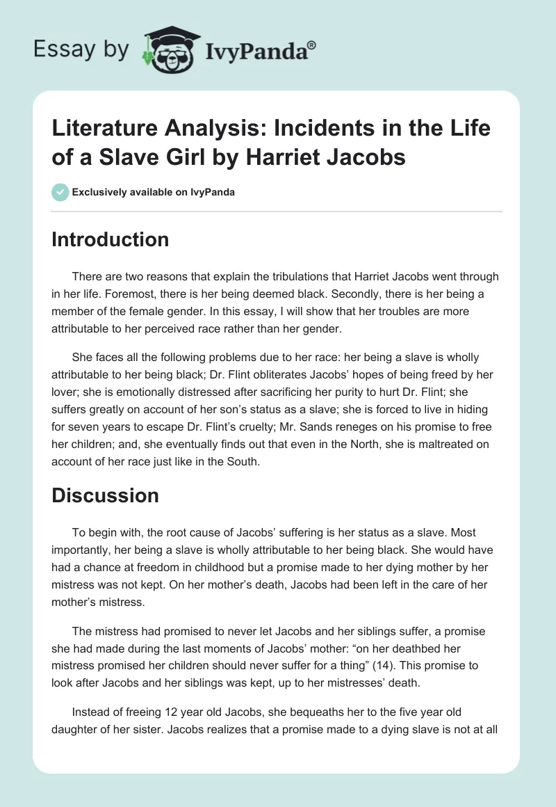 Literature Analysis: Incidents in the Life of a Slave Girl by Harriet Jacobs. Page 1