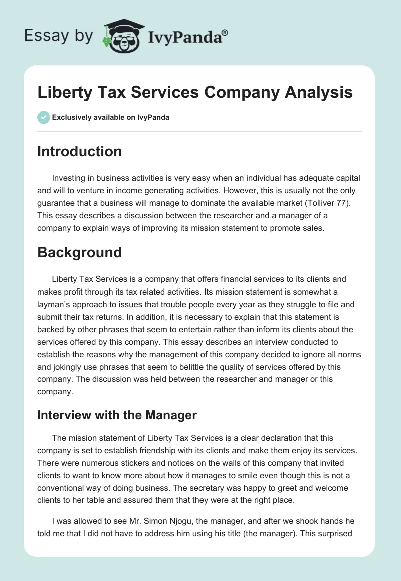 Liberty Tax Services Company Analysis. Page 1