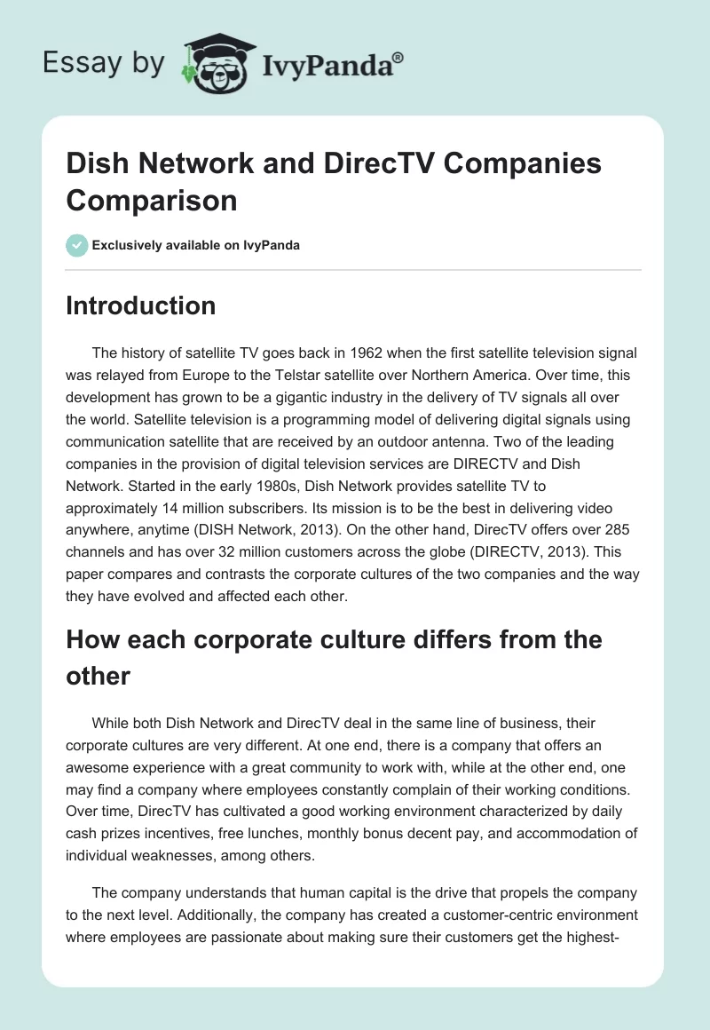 Dish Network and DirecTV Companies Comparison. Page 1