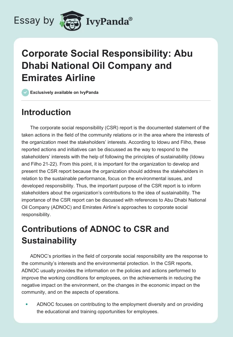 Corporate Social Responsibility: Abu Dhabi National Oil Company and Emirates Airline. Page 1