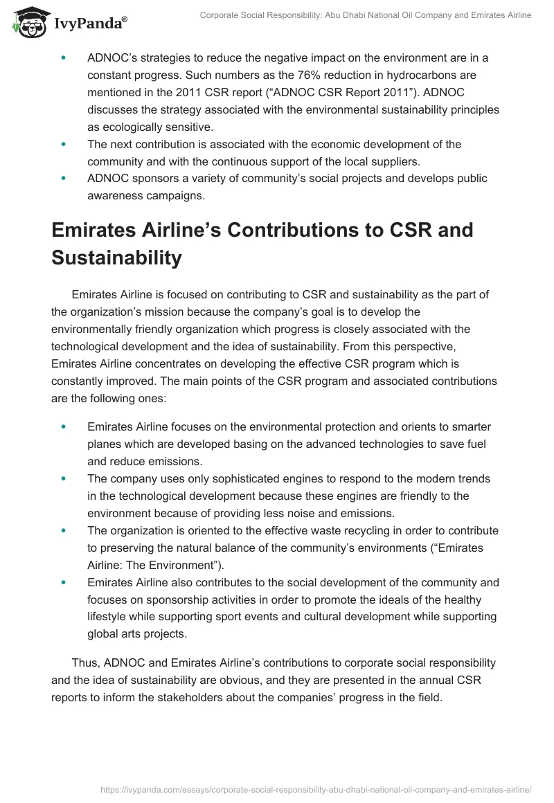 Corporate Social Responsibility: Abu Dhabi National Oil Company and Emirates Airline. Page 2