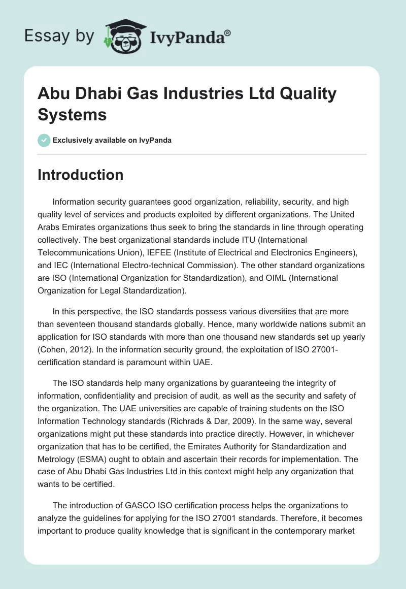 Abu Dhabi Gas Industries Ltd Quality Systems. Page 1