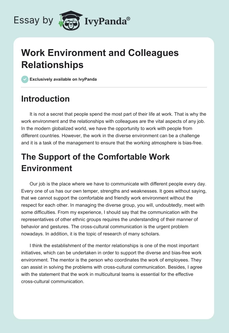 Work Environment and Colleagues Relationships. Page 1