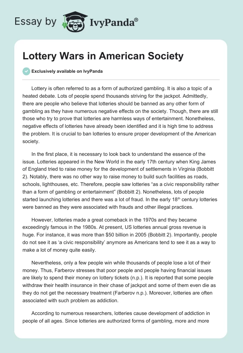 Lottery Wars in American Society. Page 1