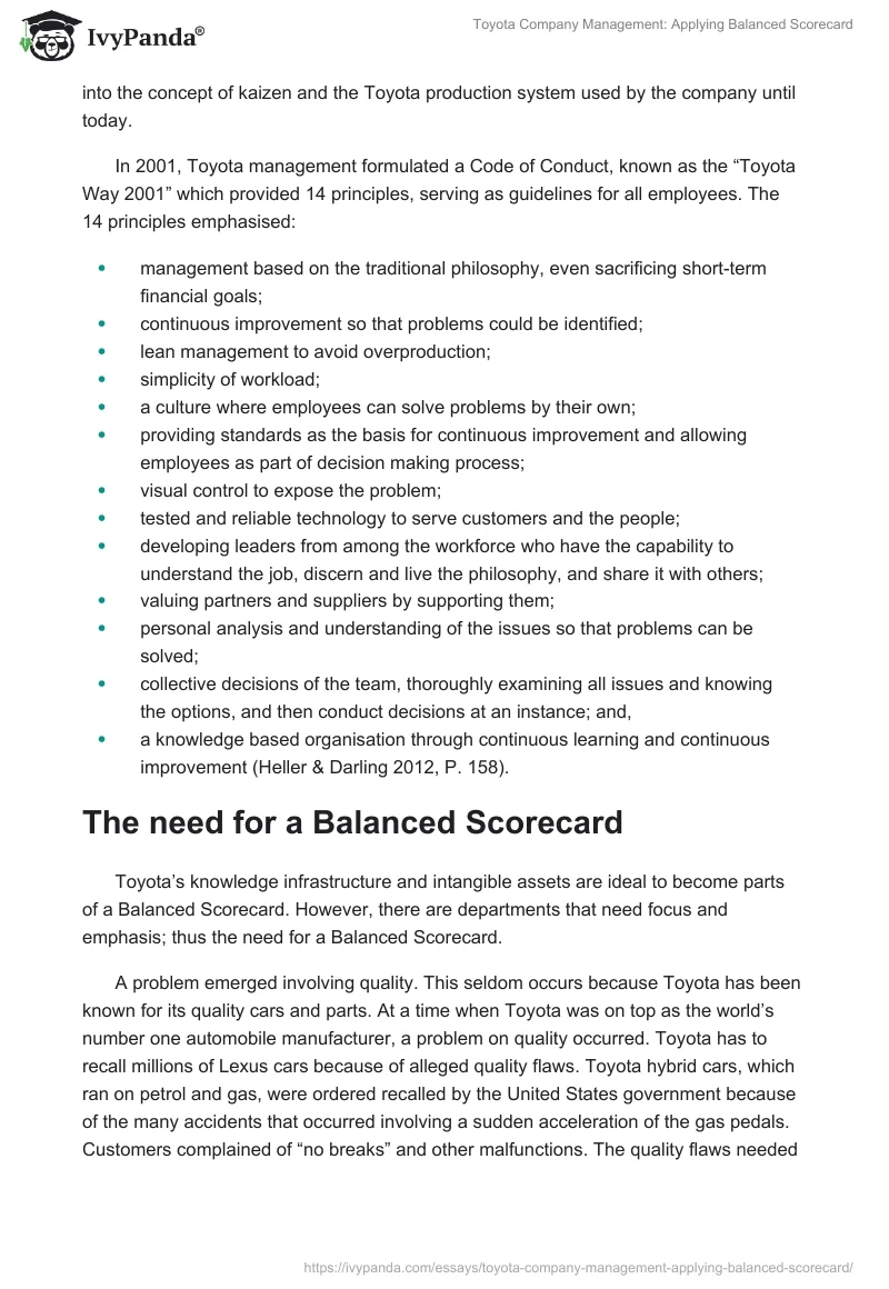 Toyota Company Management: Applying Balanced Scorecard. Page 2