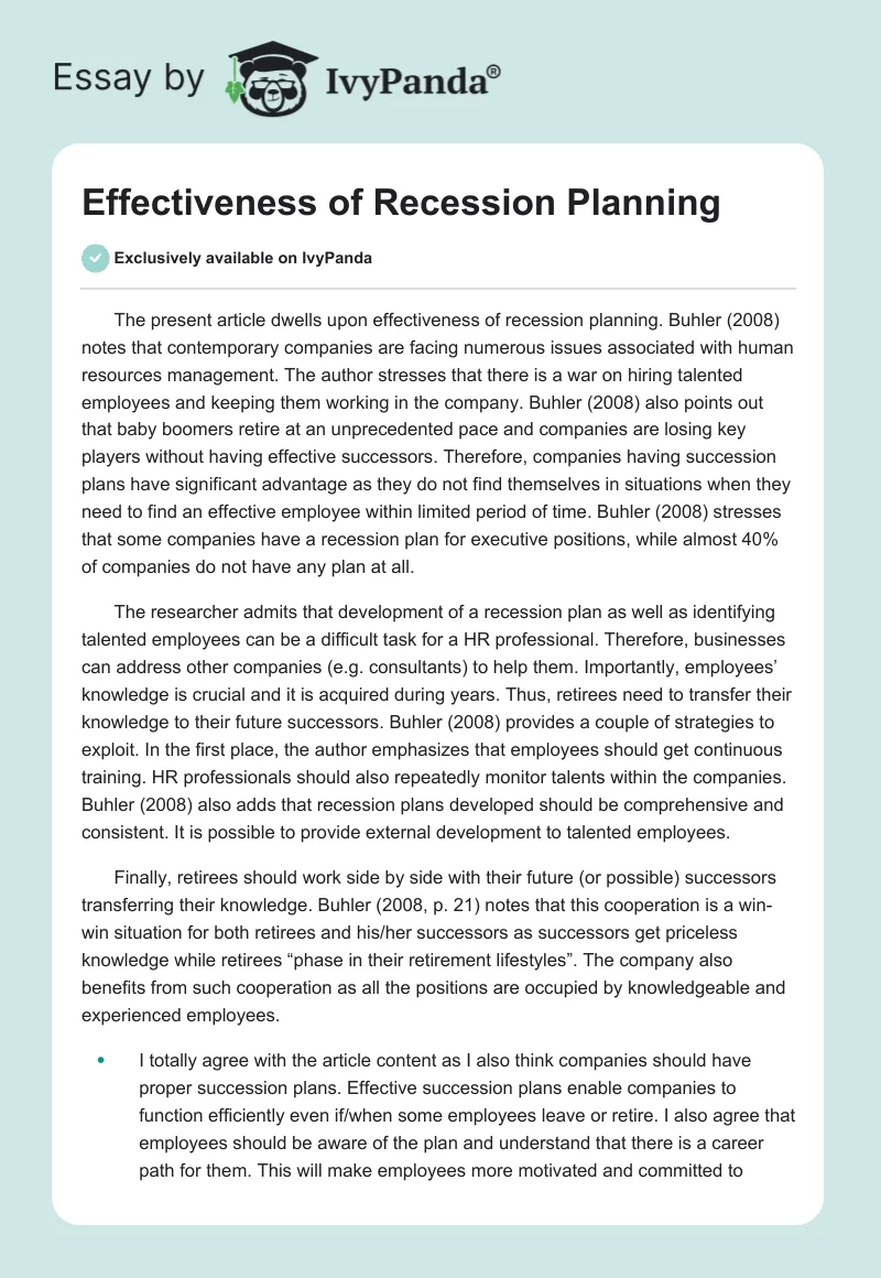 Effectiveness of Recession Planning. Page 1