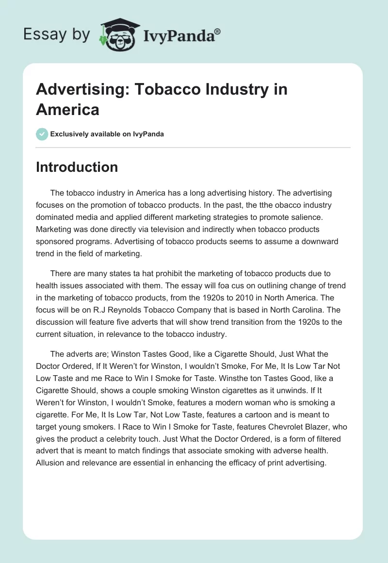 Advertising: Tobacco Industry in America. Page 1