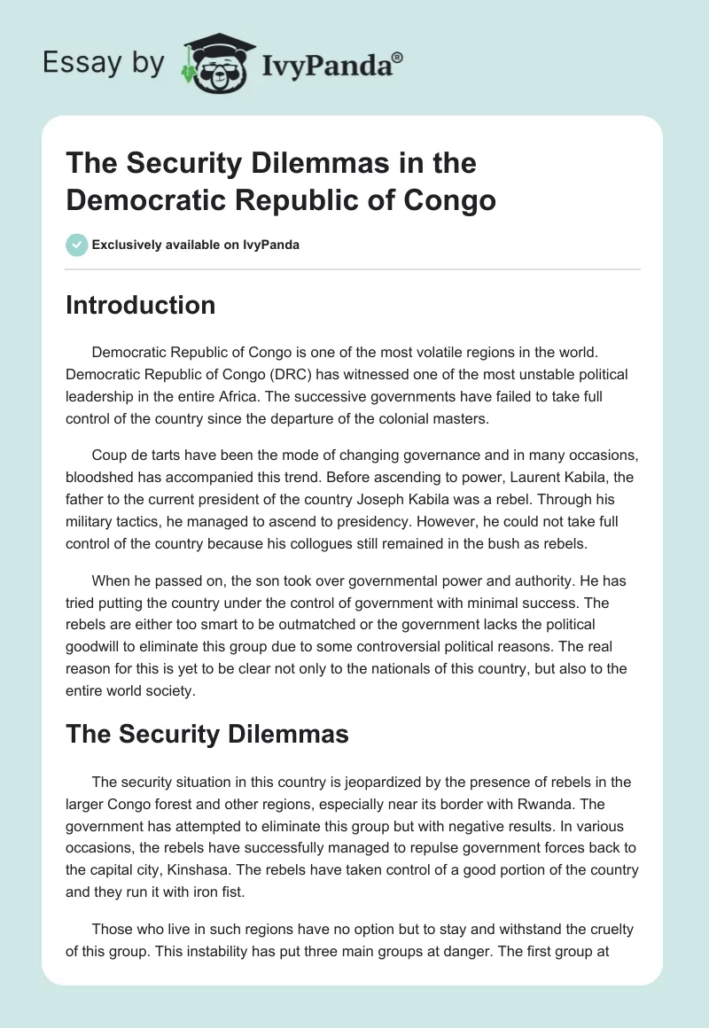 The Security Dilemmas in the Democratic Republic of Congo. Page 1