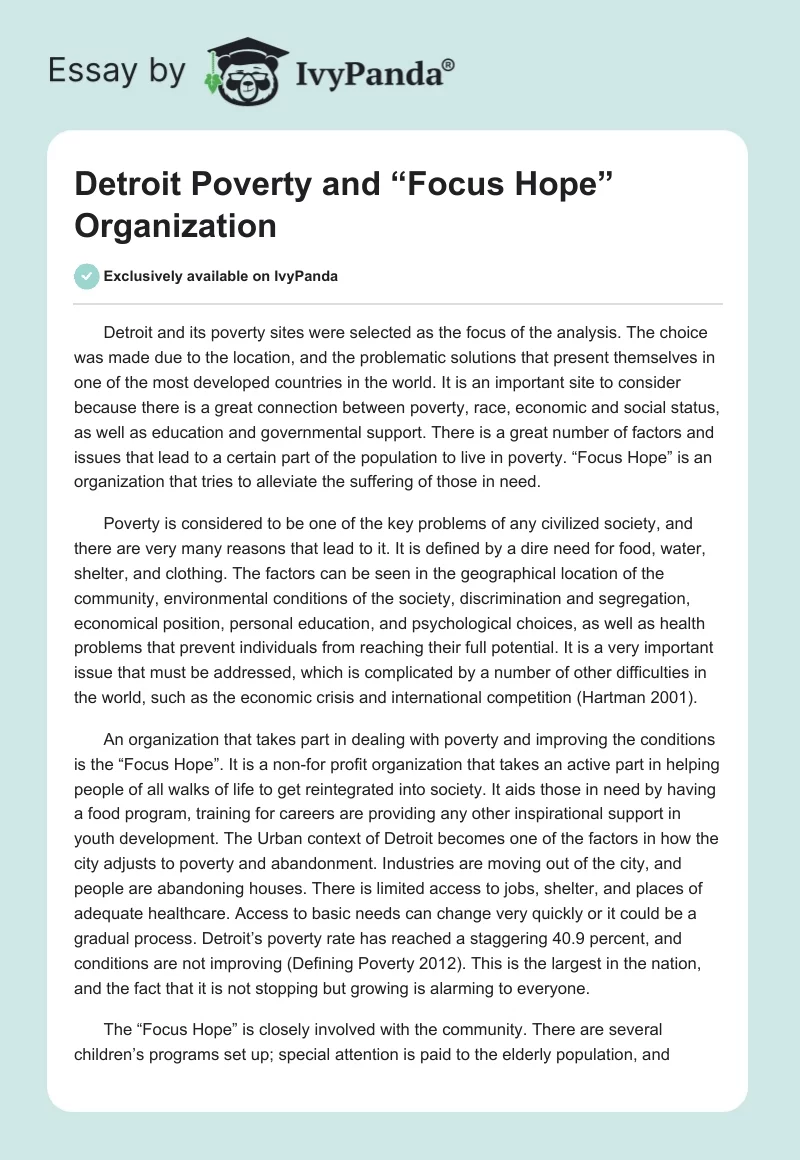 Detroit Poverty and “Focus Hope” Organization. Page 1