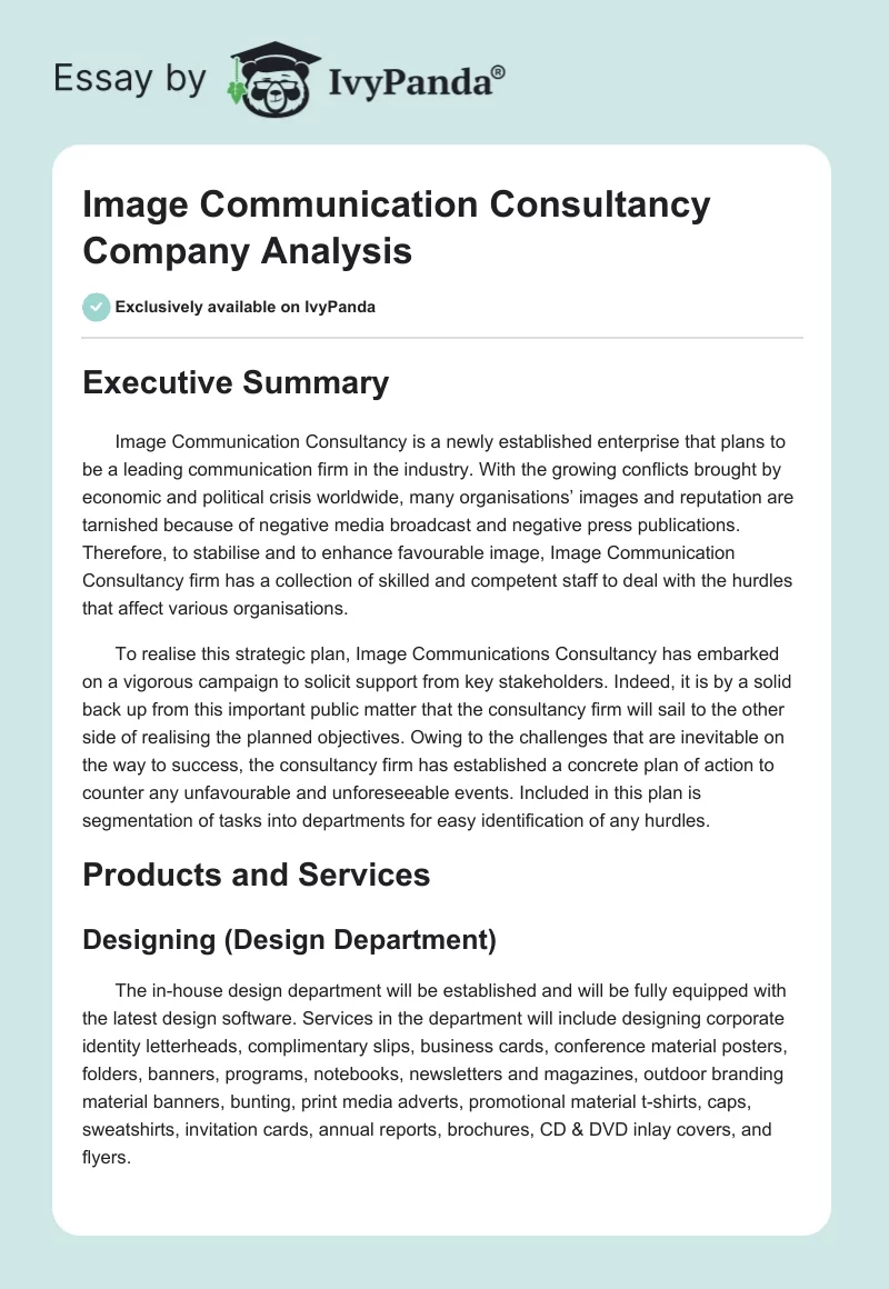 Image Communication Consultancy Company Analysis. Page 1
