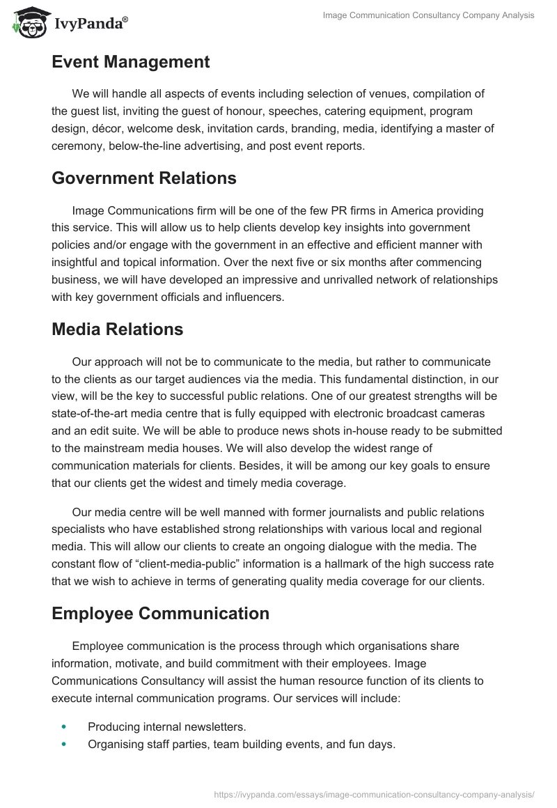 Image Communication Consultancy Company Analysis. Page 2