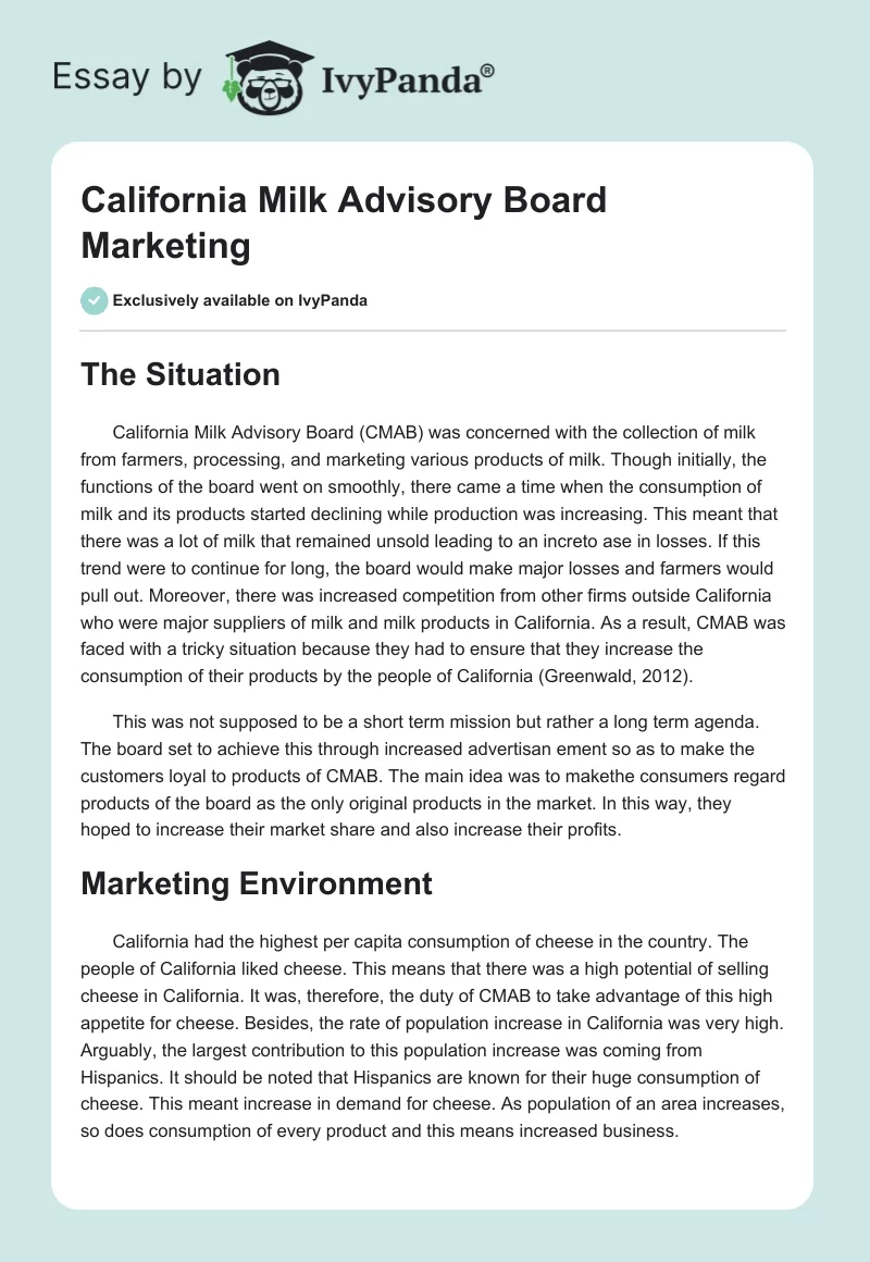 California Milk Advisory Board Marketing. Page 1