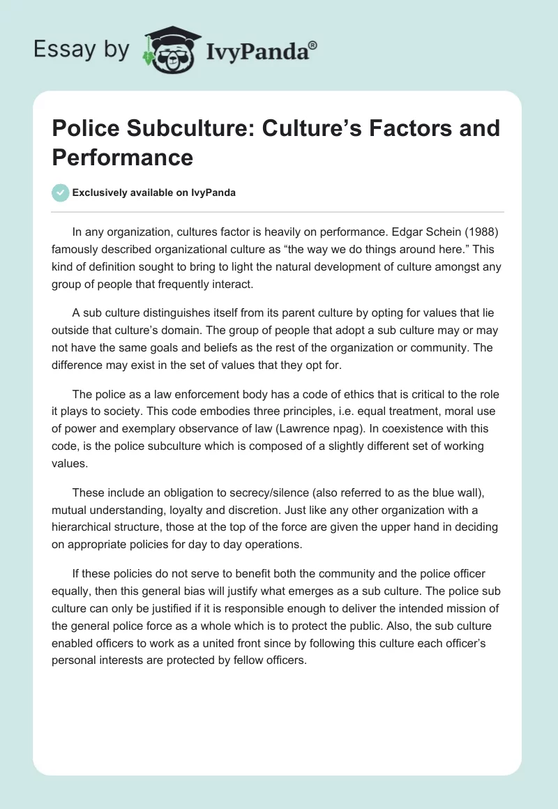 Police Subculture: Culture’s Factors and Performance. Page 1