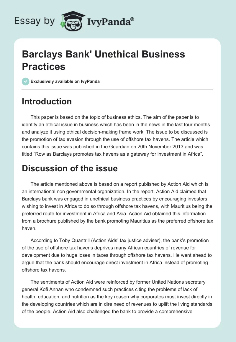 Barclays Bank' Unethical Business Practices. Page 1