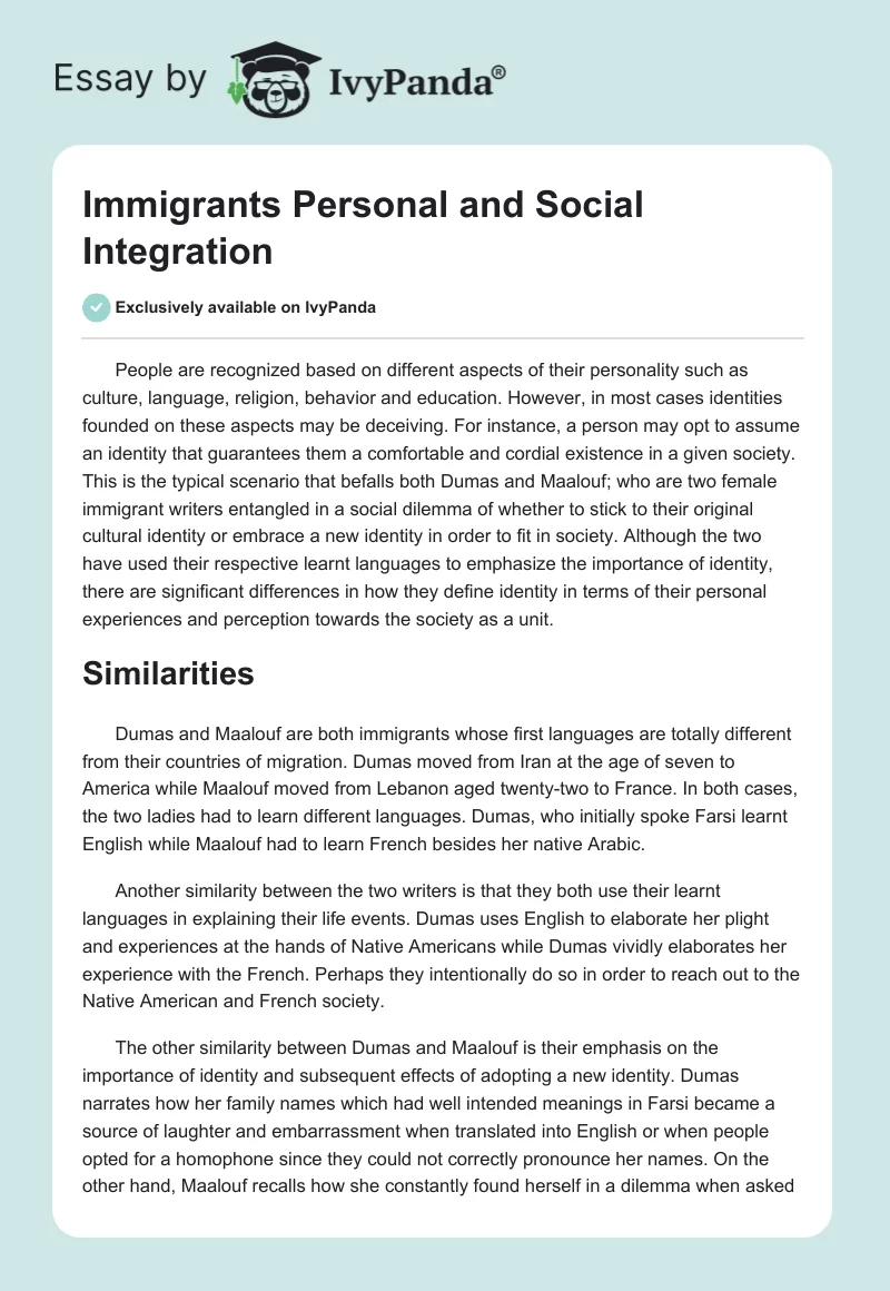 Immigrants Personal and Social Integration. Page 1