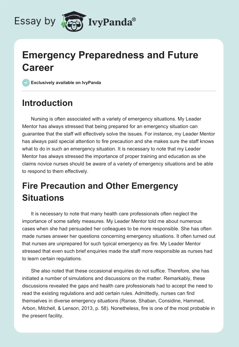 Emergency Preparedness and Future Career. Page 1