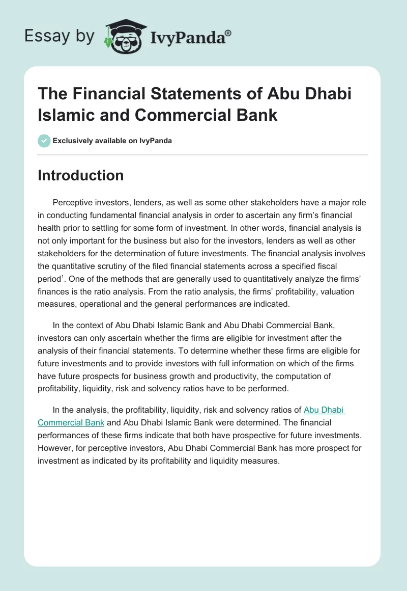 The Financial Statements of Abu Dhabi Islamic and Commercial Bank. Page 1