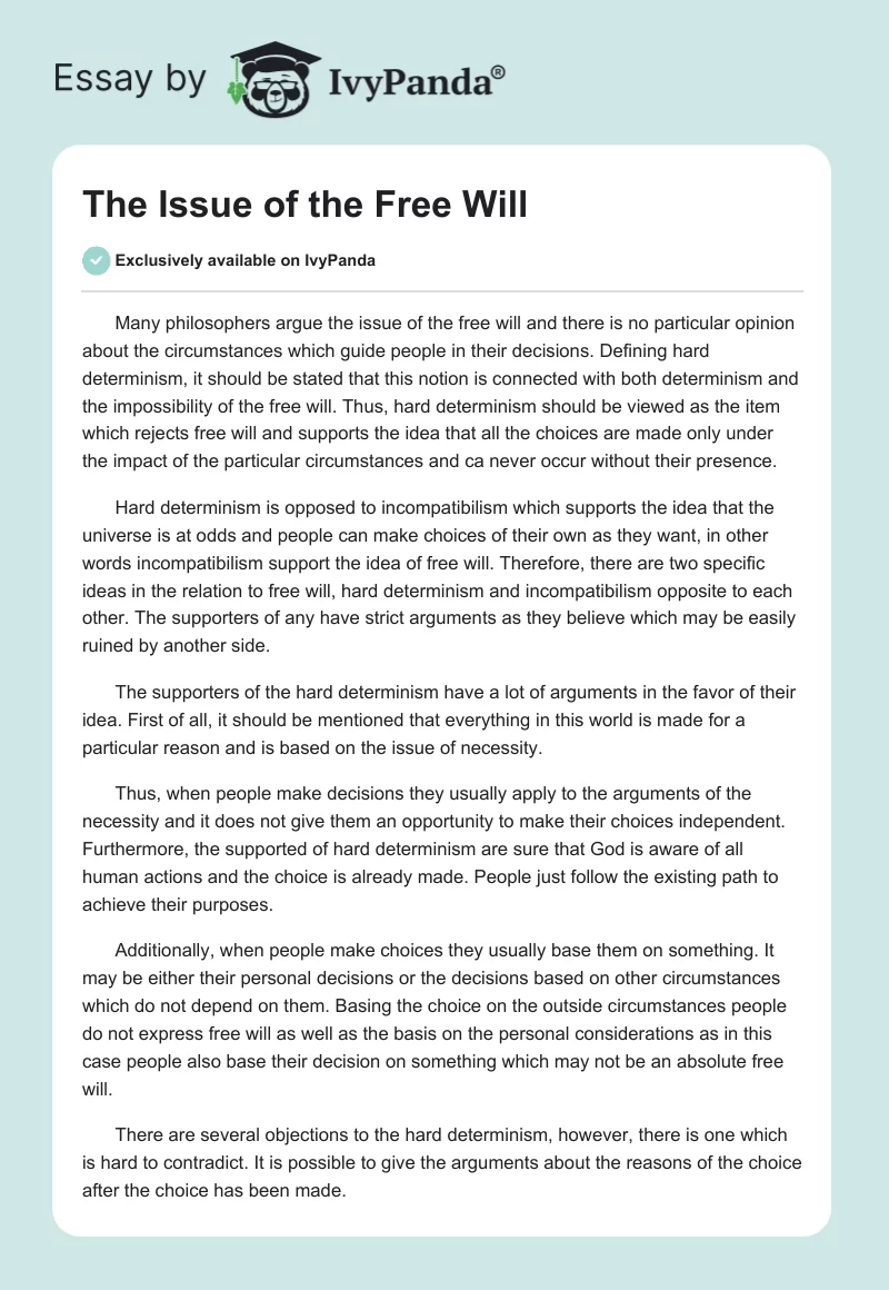 The Issue of the Free Will. Page 1
