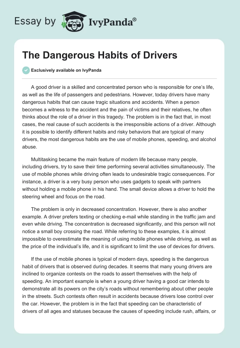 The Dangerous Habits of Drivers. Page 1