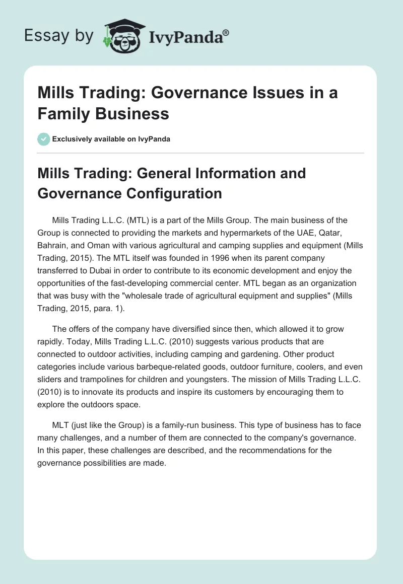 Mills Trading: Governance Issues in a Family Business. Page 1
