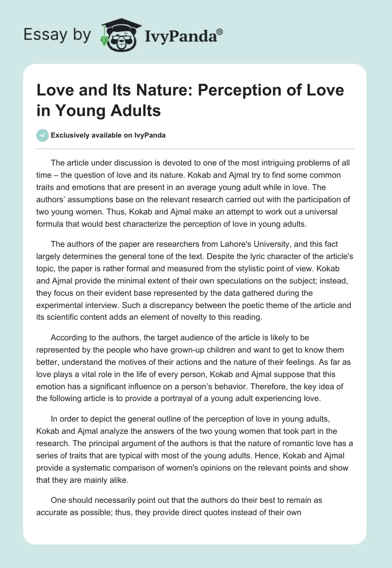 Love and Its Nature: "Perception of Love in Young Adults". Page 1