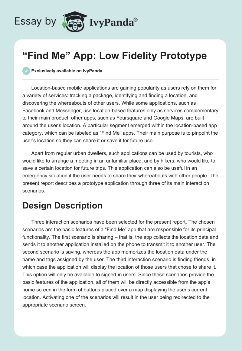 “Find Me” App: Low Fidelity Prototype. Page 1