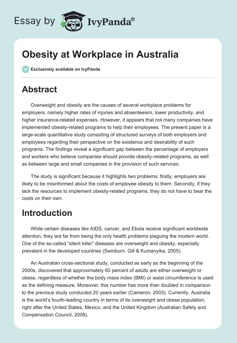 Obesity at Workplace in Australia. Page 1