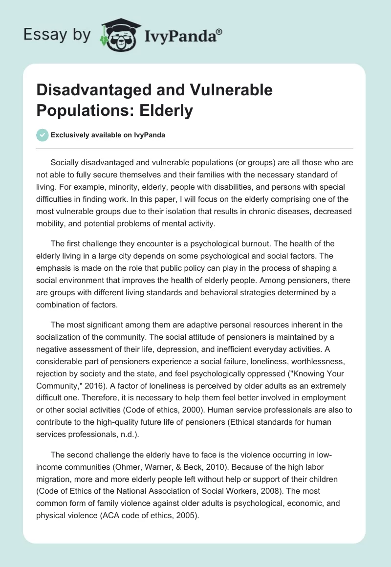 Disadvantaged and Vulnerable Populations: Elderly. Page 1