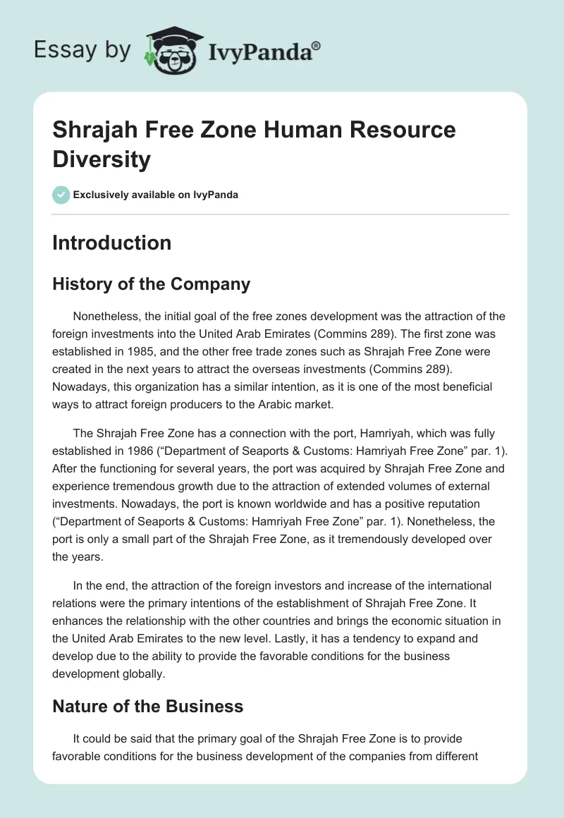 Shrajah Free Zone Human Resource Diversity. Page 1
