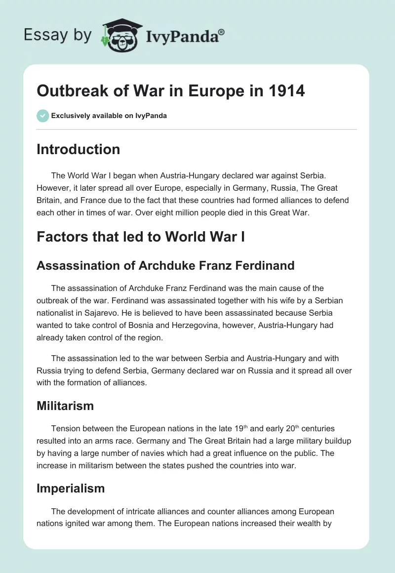 Outbreak of War in Europe in 1914. Page 1