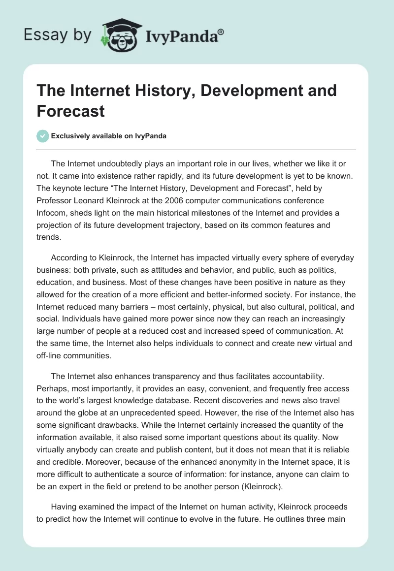 The Internet History, Development and Forecast. Page 1