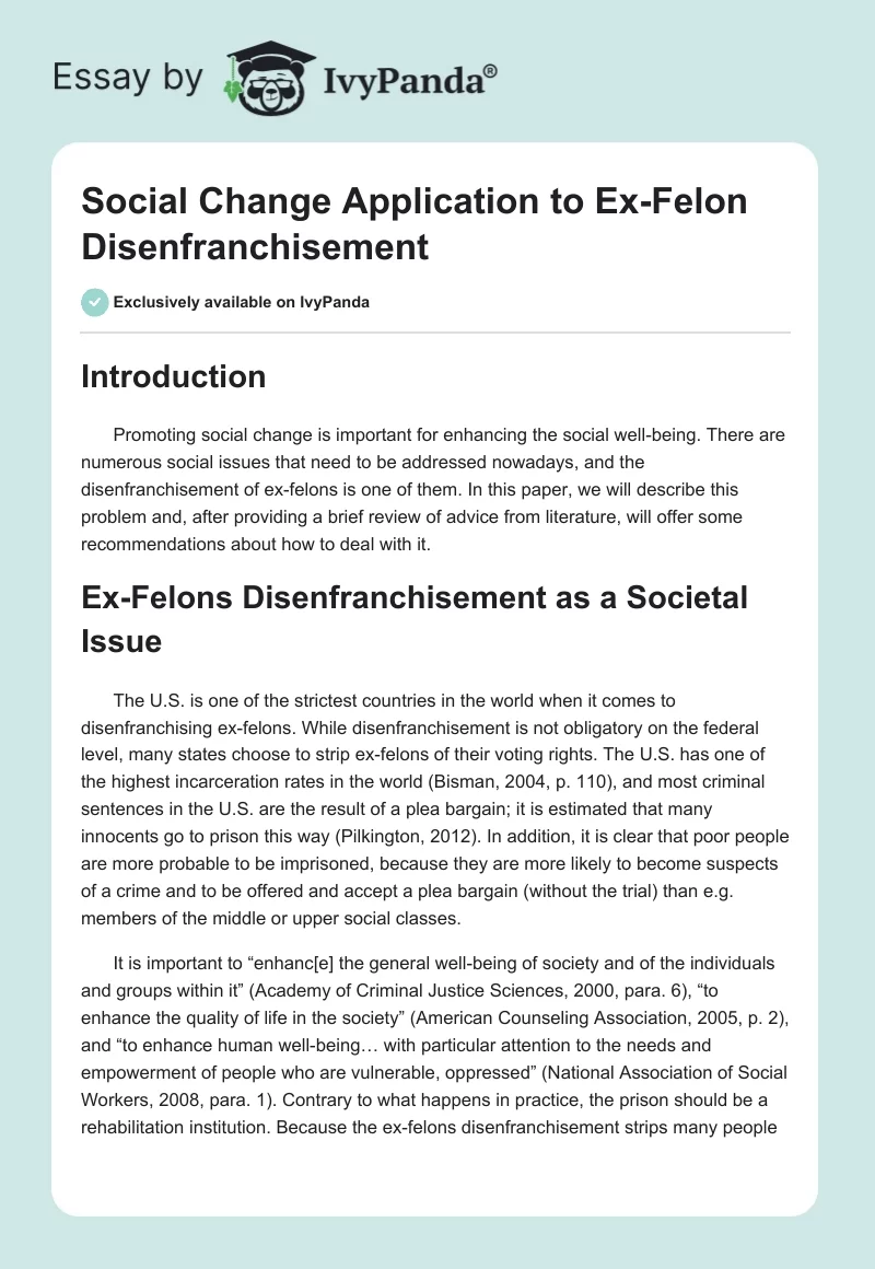 Social Change Application to Ex-Felon Disenfranchisement. Page 1