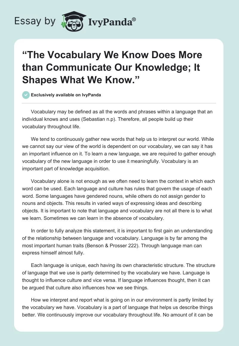 “The Vocabulary We Know Does More than Communicate Our Knowledge; It Shapes What We Know.”. Page 1