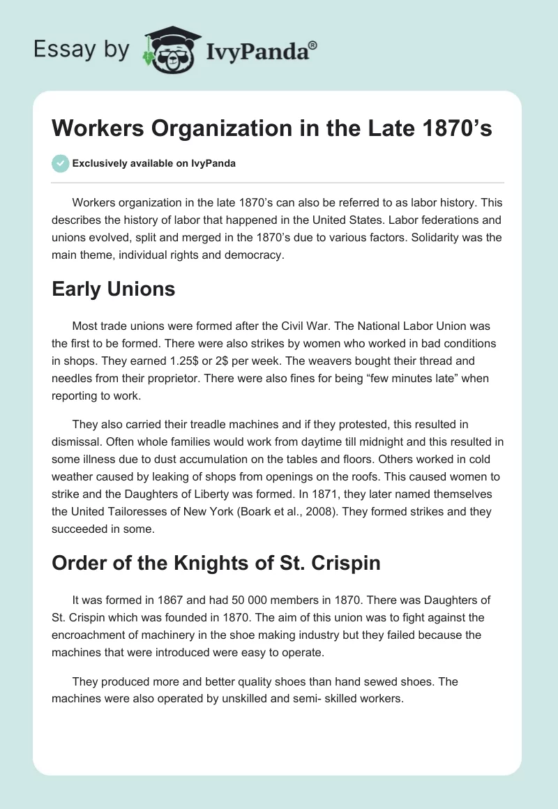 Workers Organization in the Late 1870’s. Page 1