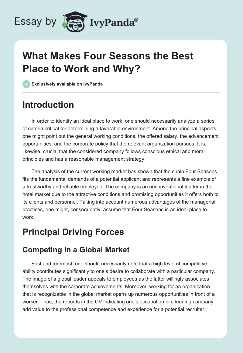 What Makes Four Seasons the Best Place to Work and Why?. Page 1