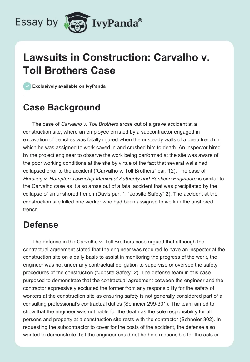 Lawsuits in Construction: Carvalho vs. Toll Brothers Case. Page 1