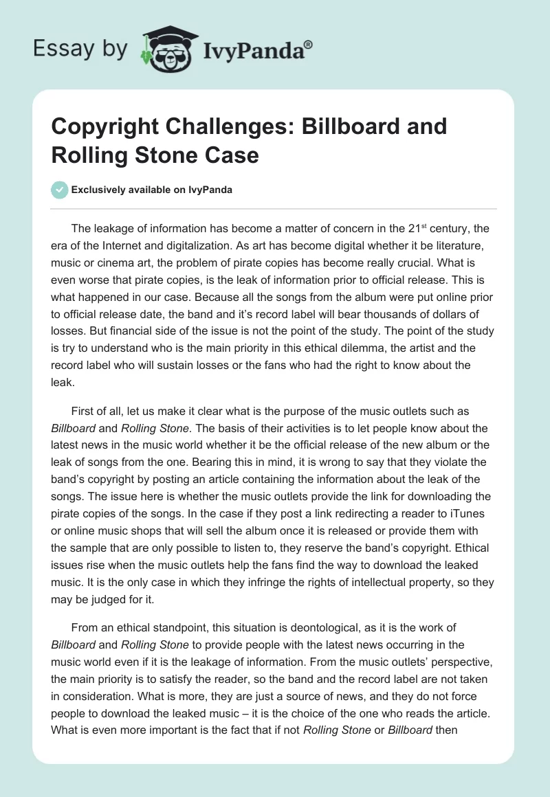Copyright Challenges: Billboard and Rolling Stone Case. Page 1