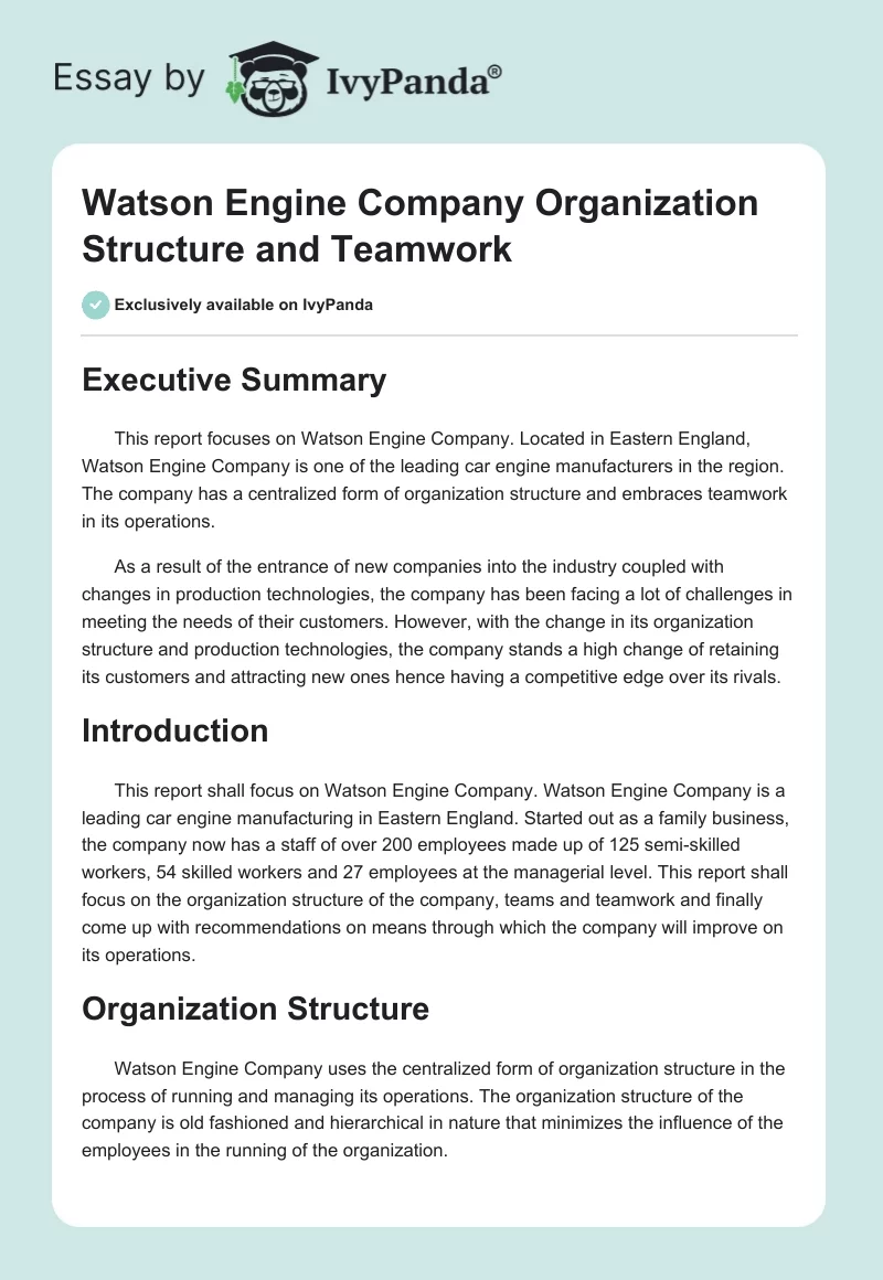 Watson Engine Company Organization Structure and Teamwork. Page 1