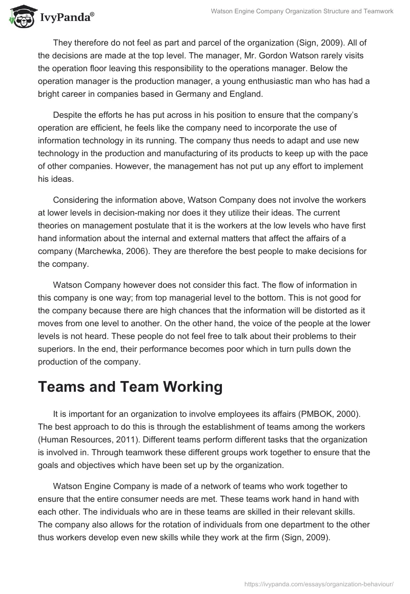 Watson Engine Company Organization Structure and Teamwork. Page 2