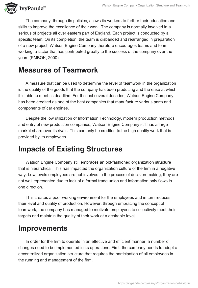 Watson Engine Company Organization Structure and Teamwork. Page 3