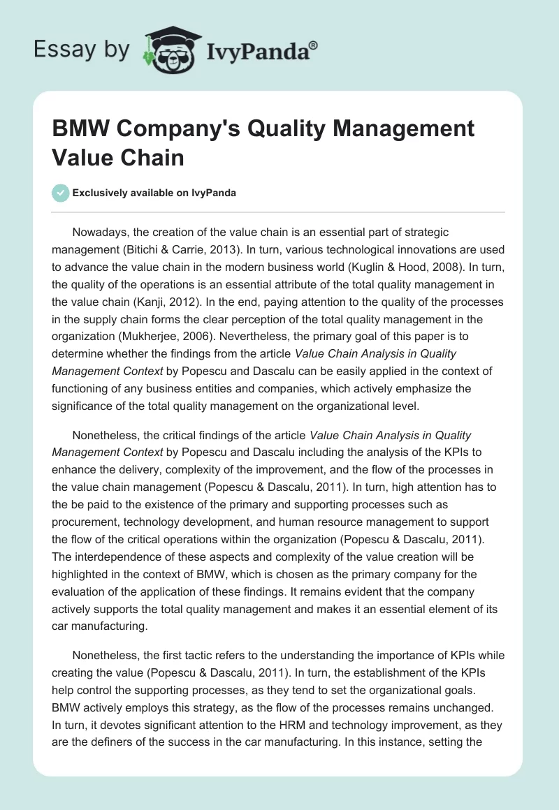 BMW Company's Quality Management Value Chain. Page 1
