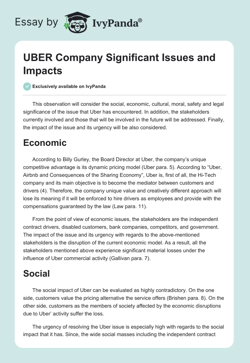 UBER Company Significant Issues and Impacts. Page 1