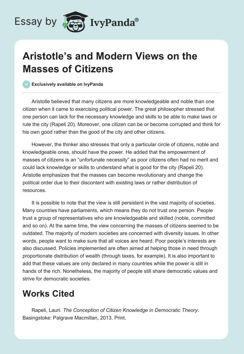 Aristotle’s and Modern Views on the Masses of Citizens. Page 1
